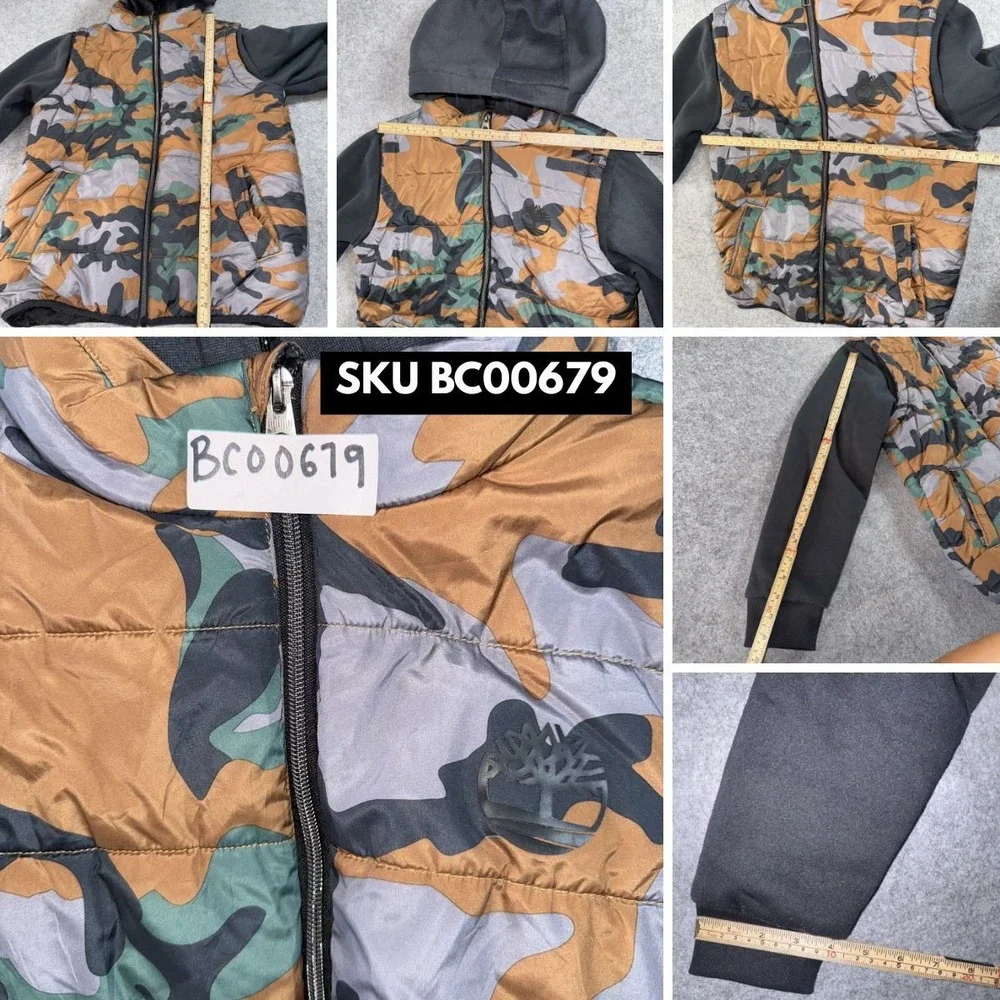 Timberland Hybrid Puffer Hoodie Boys L 14/16 Camo Quilted Full Zip Jacket